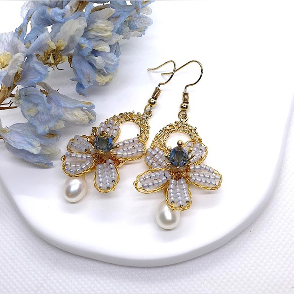 Brass Wire Wrapped Beads & Freshwater Pearl Chandelier Flower Earrings - Picture 5 of 7